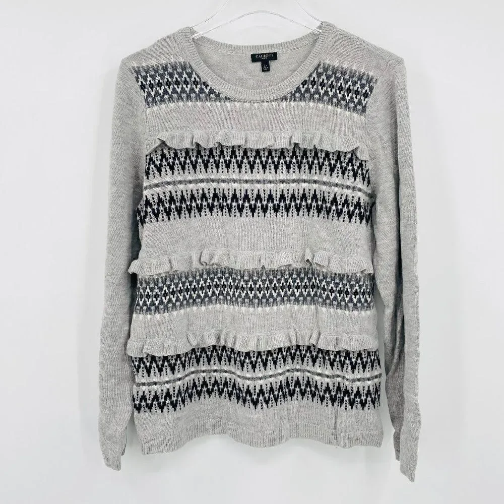 Talbots Petites Size Large Gray Fair Aisle Ruffled Lambswool Crewneck Sweater